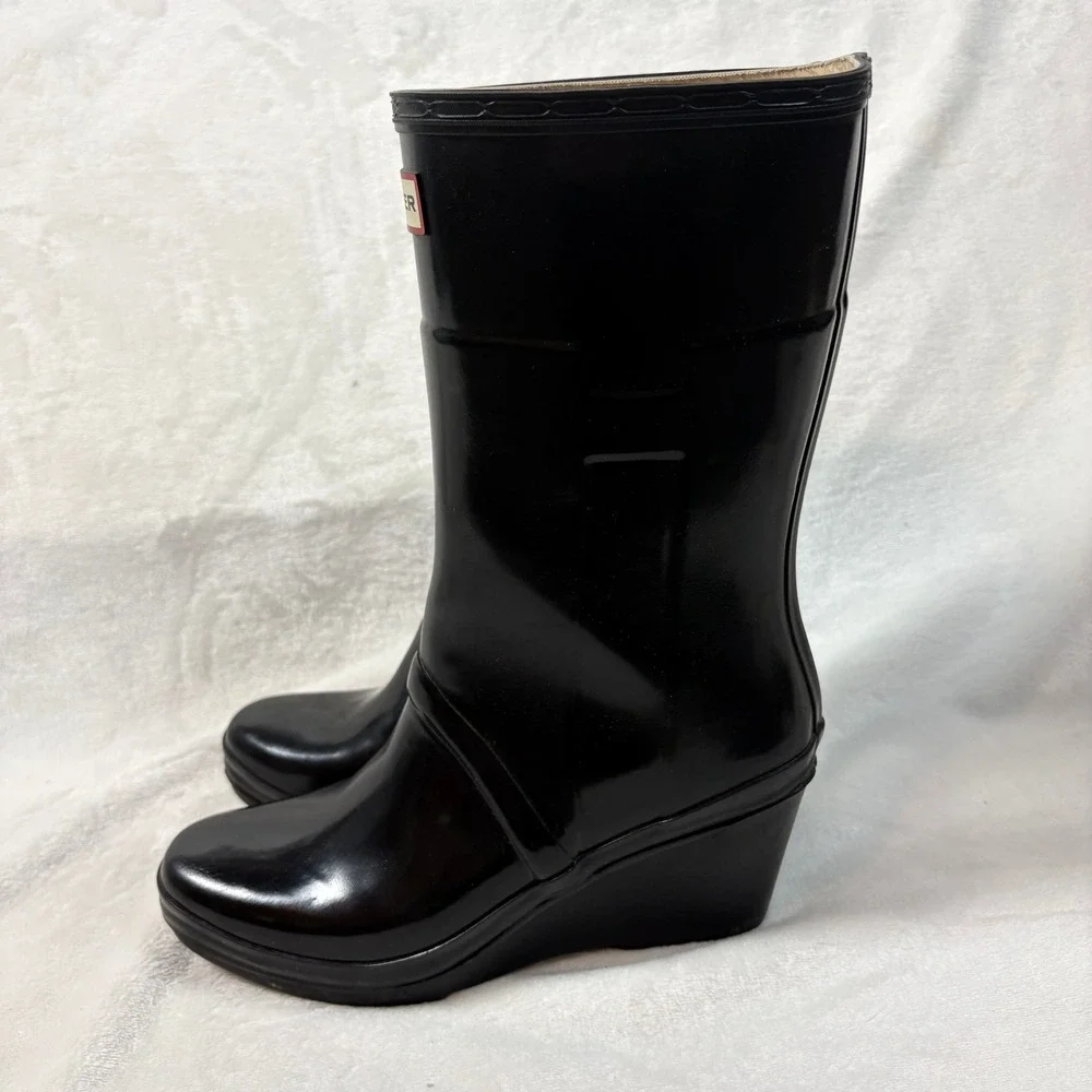 Hunter Kellan Mid Wedge Rain‎ Boots Womens 10 Black Good Glossy Waterproof